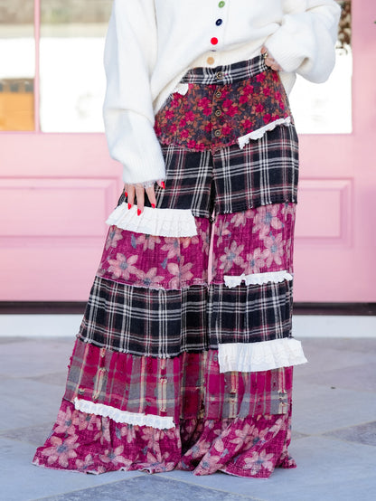 POL Floral Print Ruffle Trim Floral and Plaid Patchwork Wide Leg Pants - Freckled Poppy