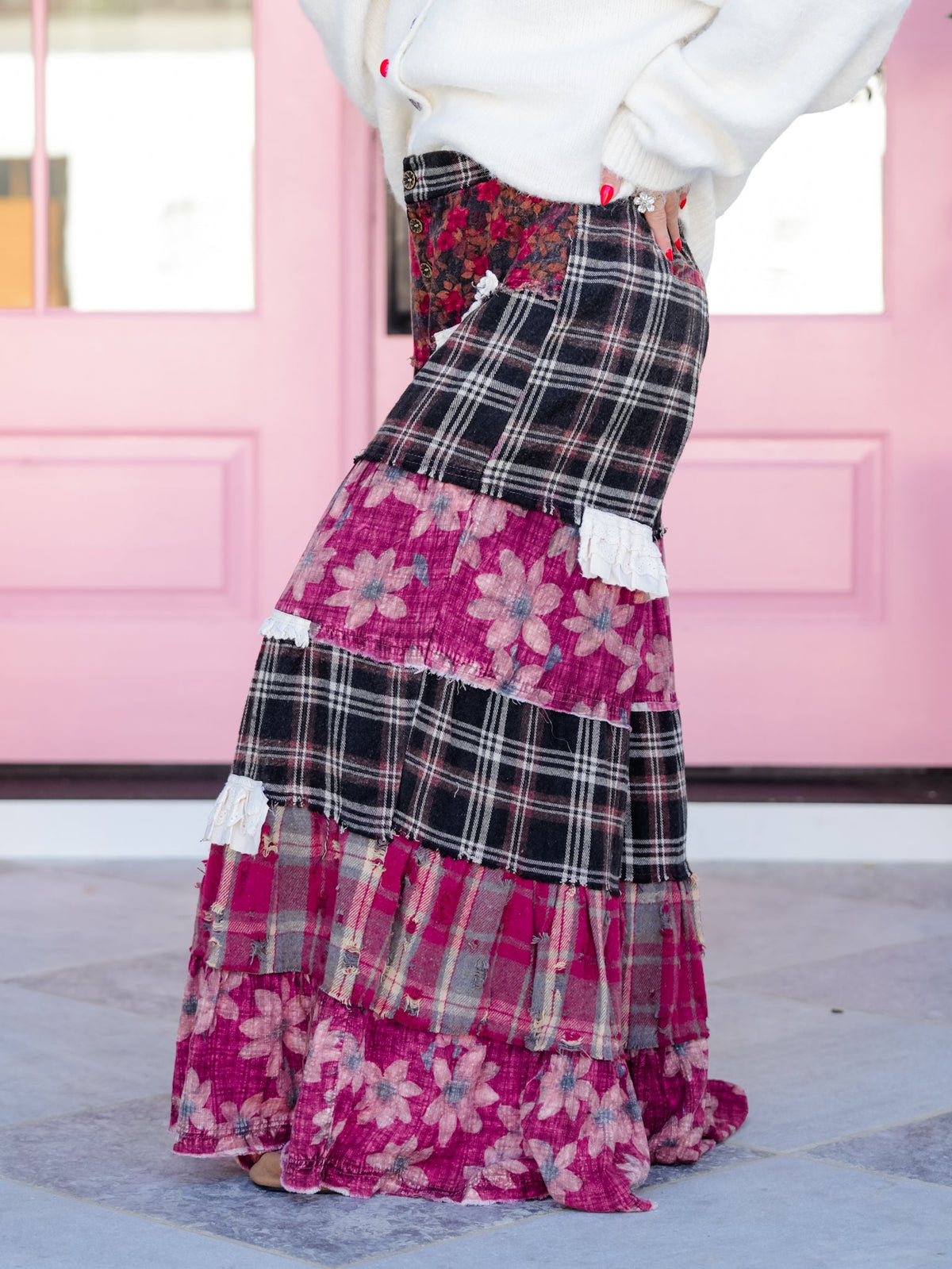 POL Floral Print Ruffle Trim Floral and Plaid Patchwork Wide Leg Pants - Freckled Poppy