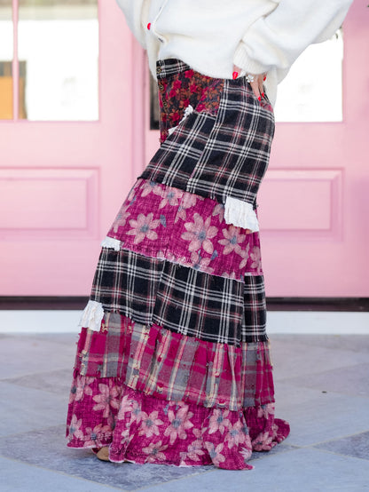 POL Floral Print Ruffle Trim Floral and Plaid Patchwork Wide Leg Pants - Freckled Poppy