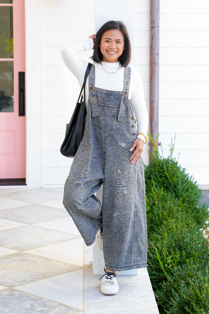 Animal Print Wide Leg Denim Overalls