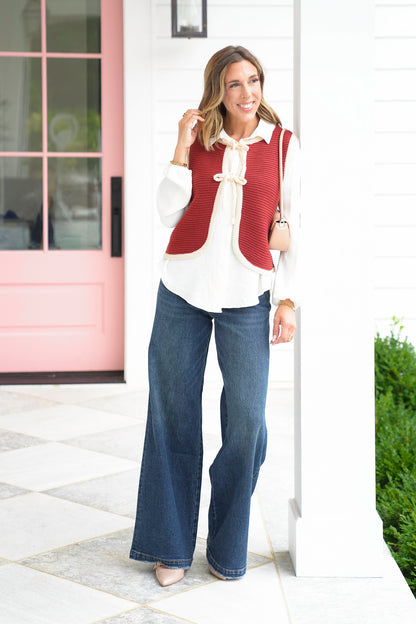Ribbed Knit Tie Front Vest with Contrast Trim Detail