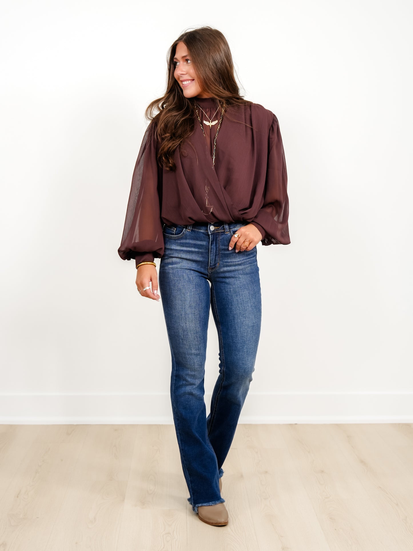 Chiffon Drape Ruched Long Sleeve Mock Neck Top With Back Tie