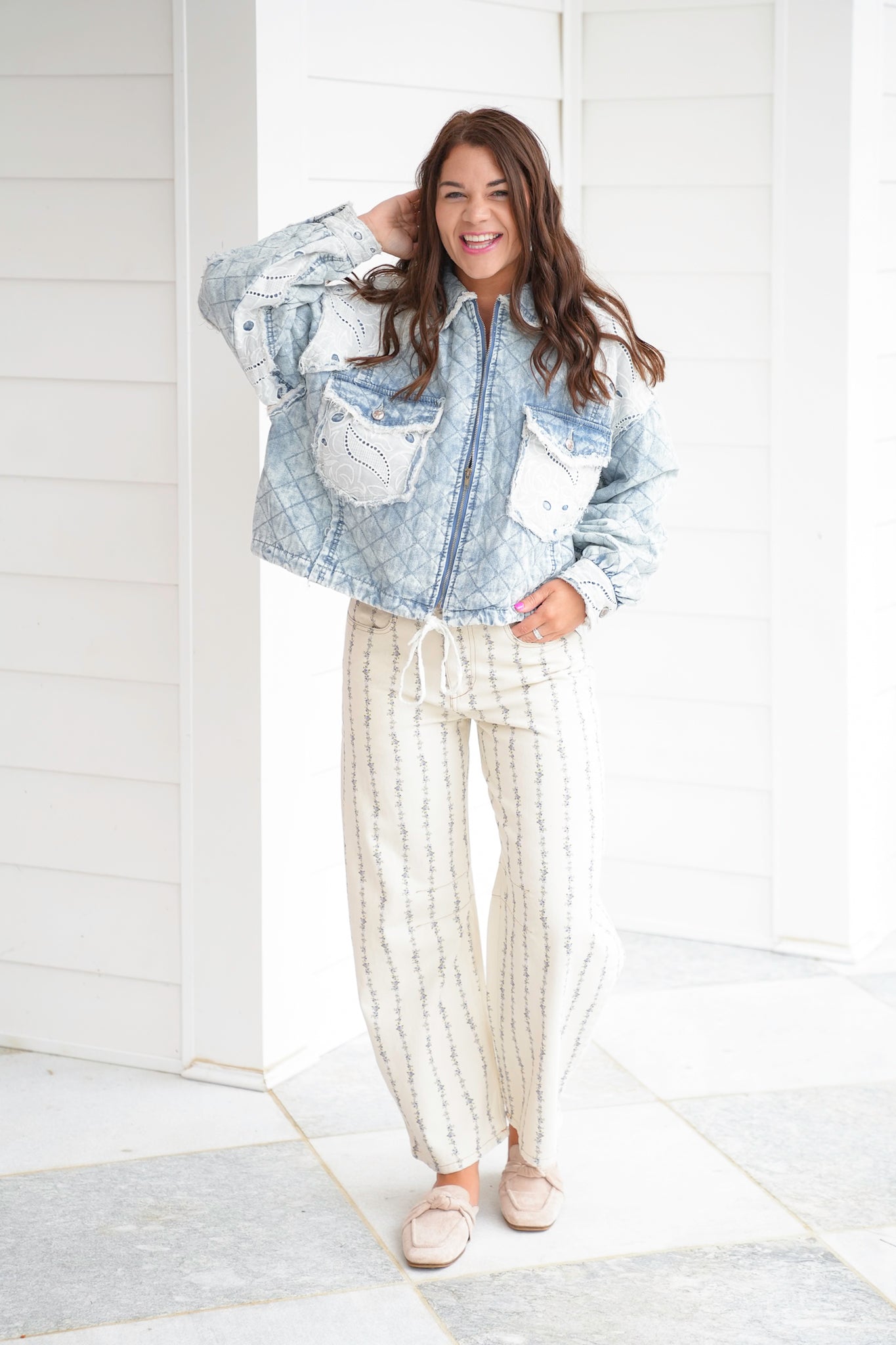 POL Long Sleeve Zip Up Jacket with Lace Patch Detail