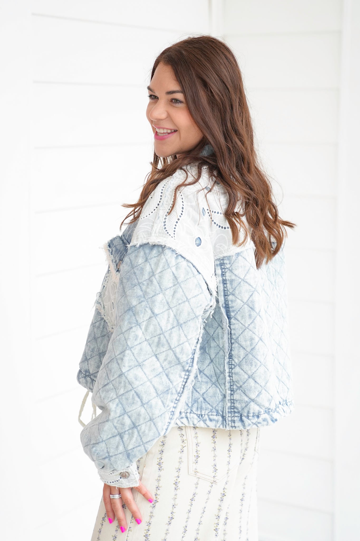 POL Long Sleeve Zip Up Jacket with Lace Patch Detail