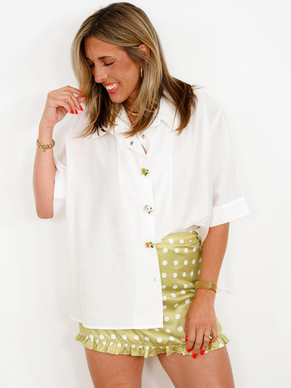 White Short Sleeve Button Up Blouse with Floral Buttons