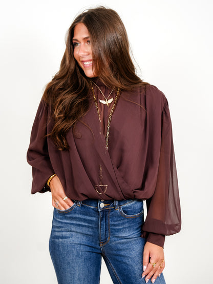 Chiffon Drape Ruched Long Sleeve Mock Neck Top With Back Tie