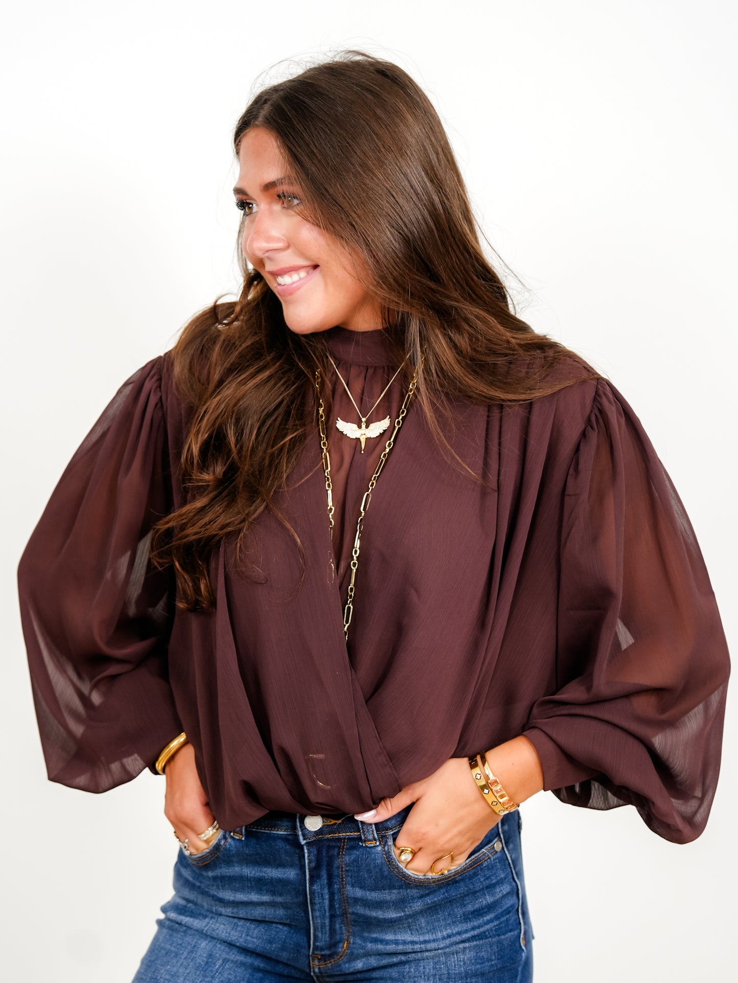 Chiffon Drape Ruched Long Sleeve Mock Neck Top With Back Tie