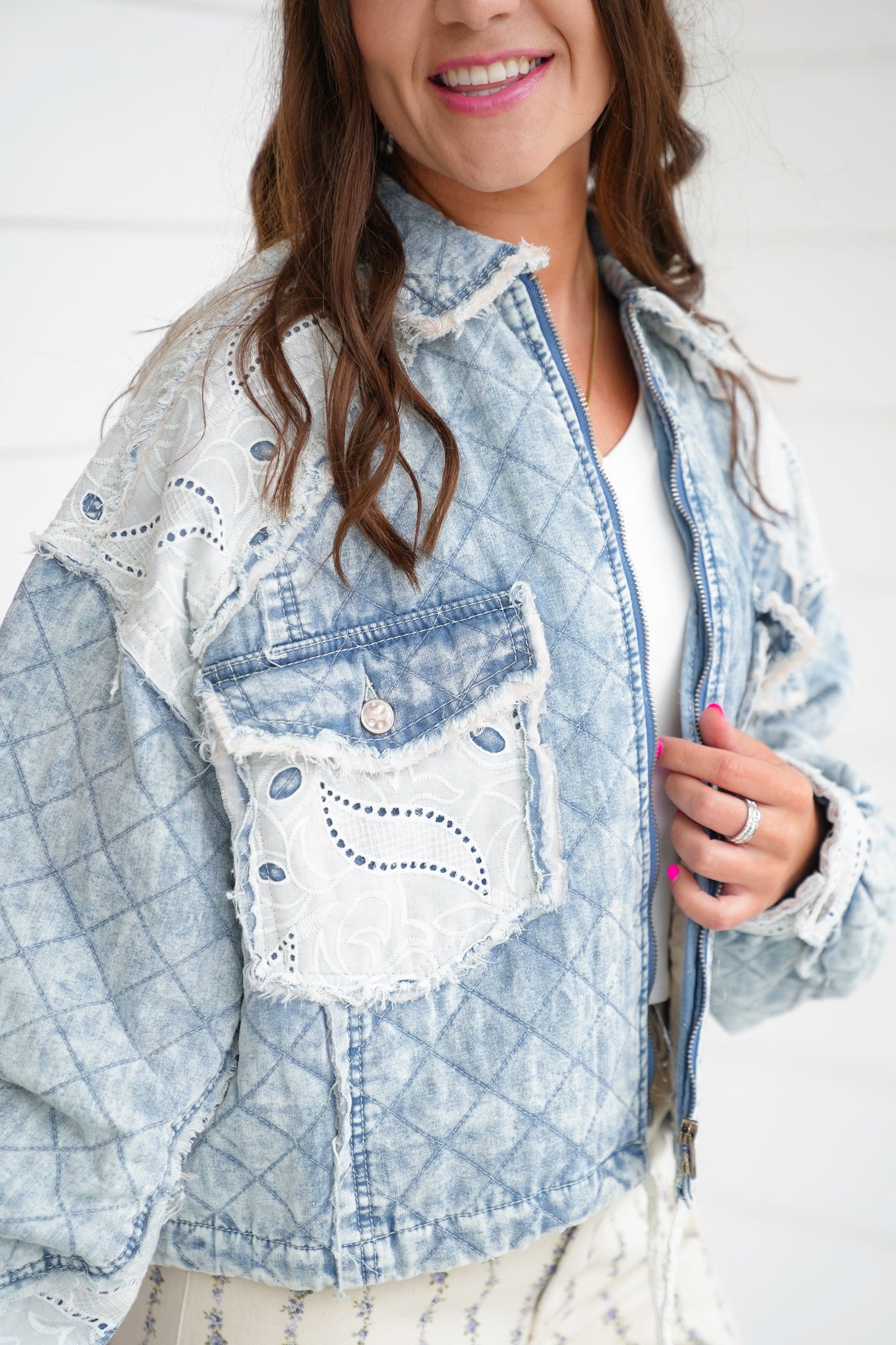 POL Long Sleeve Zip Up Jacket with Lace Patch Detail