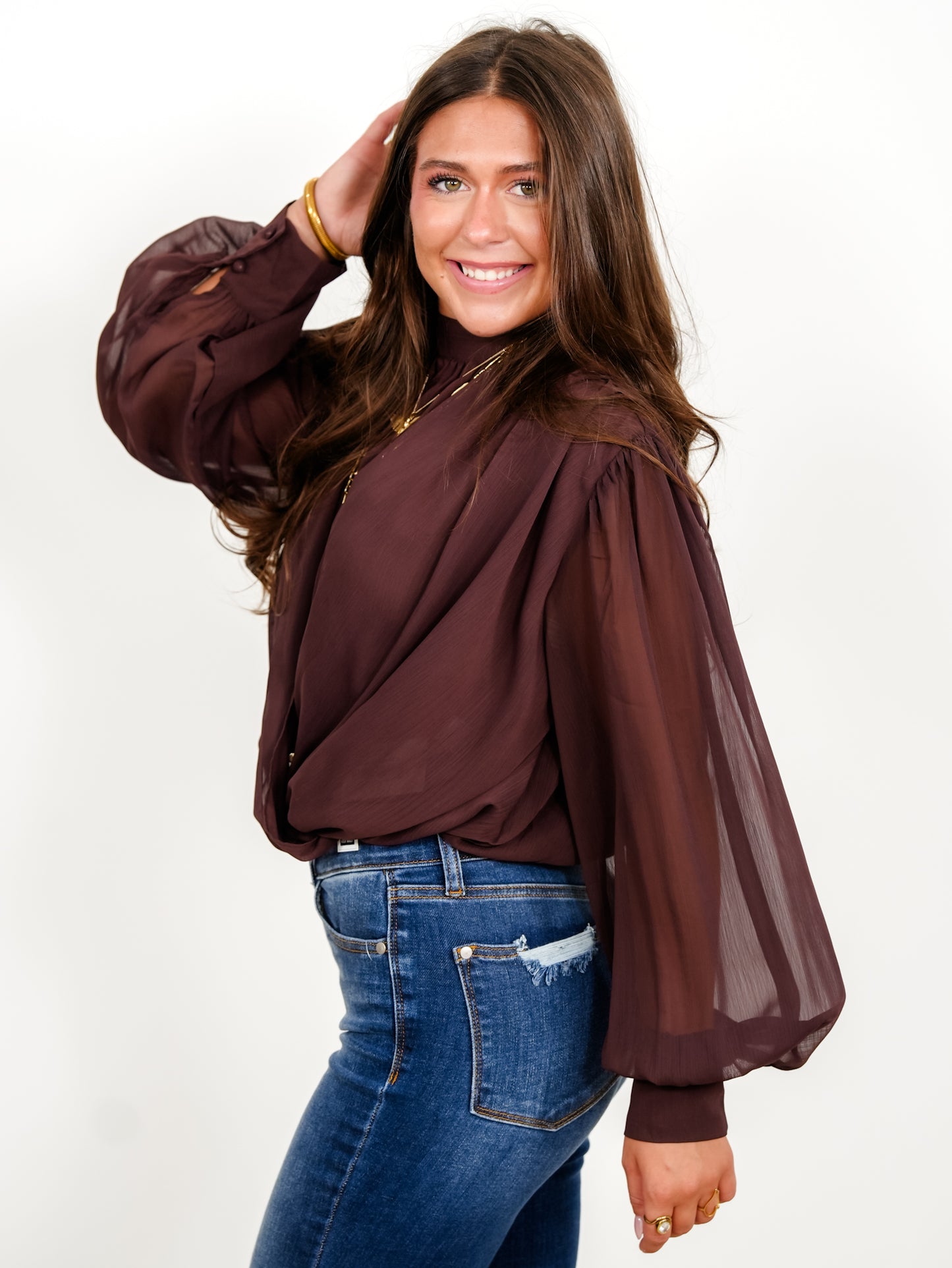 Chiffon Drape Ruched Long Sleeve Mock Neck Top With Back Tie