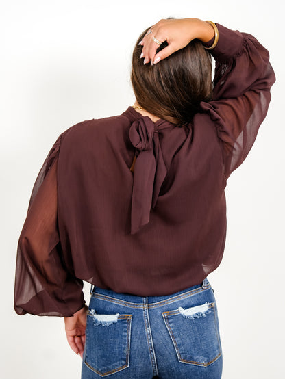 Chiffon Drape Ruched Long Sleeve Mock Neck Top With Back Tie