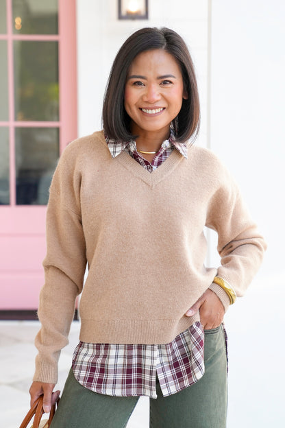 Plaid Layered Long Sleeve Sweater