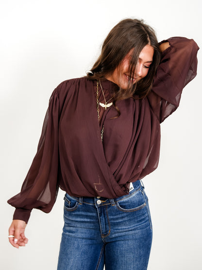 Chiffon Drape Ruched Long Sleeve Mock Neck Top With Back Tie