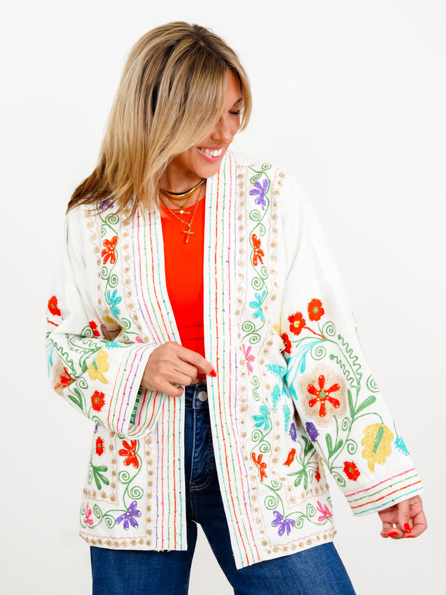 POL Floral Embroidered Long Sleeve Kimono Jacket