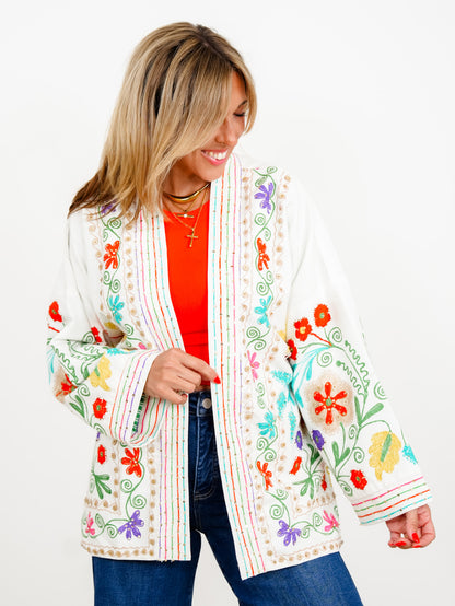POL Floral Embroidered Long Sleeve Kimono Jacket