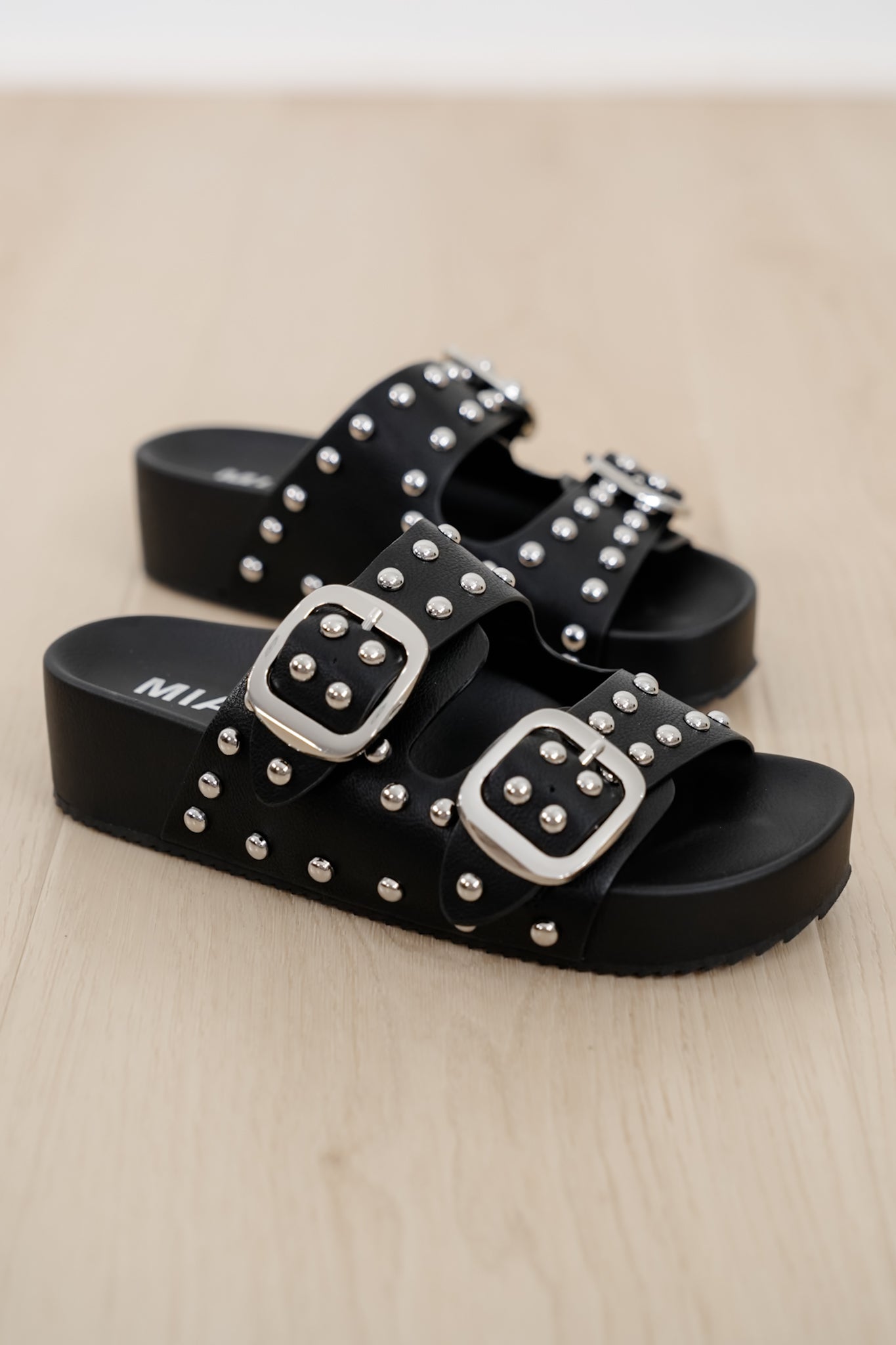 Restock! MIA Vegan Leather Studded Double Buckle Slide Sandal