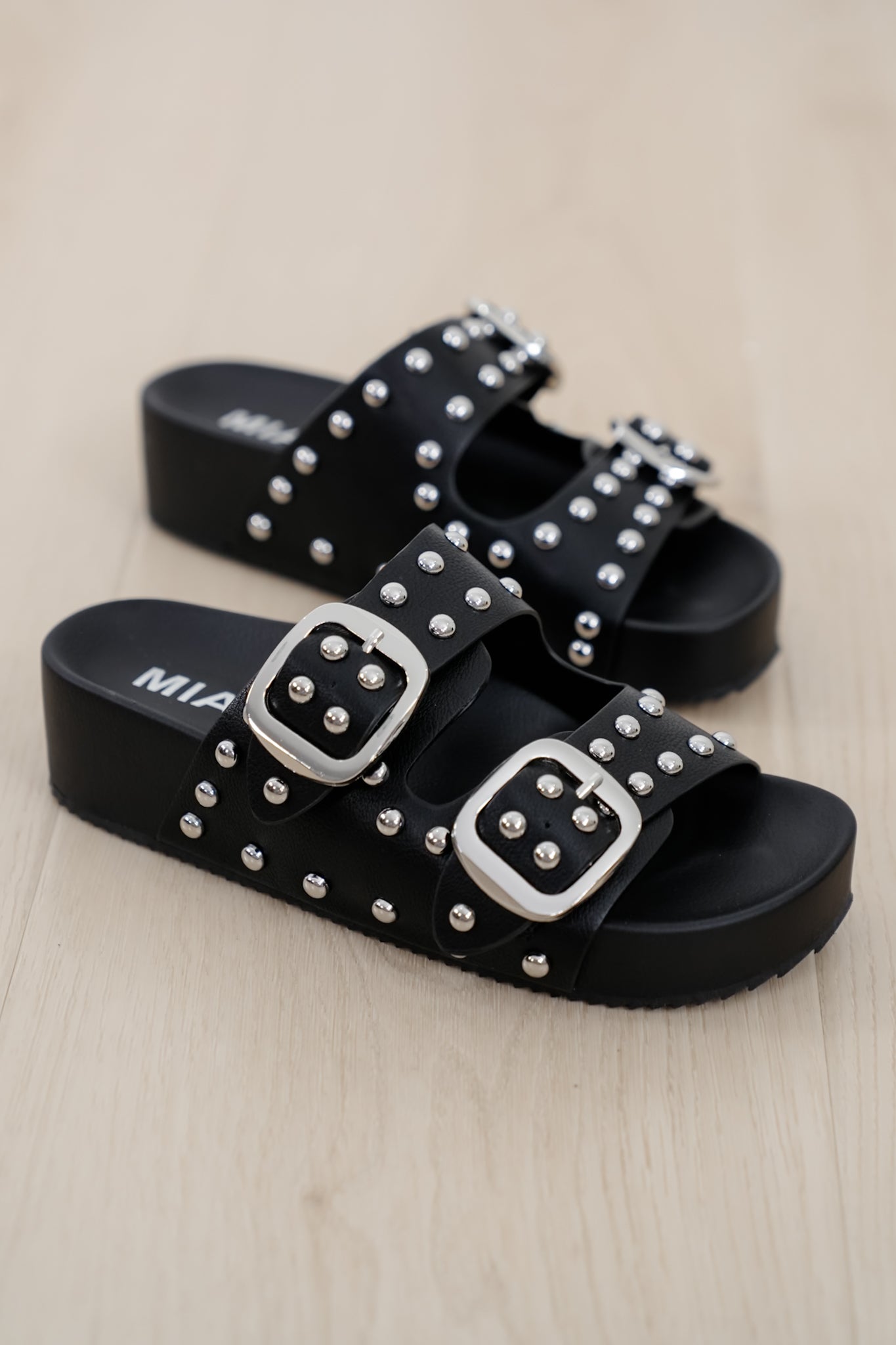 Restock! MIA Vegan Leather Studded Double Buckle Slide Sandal