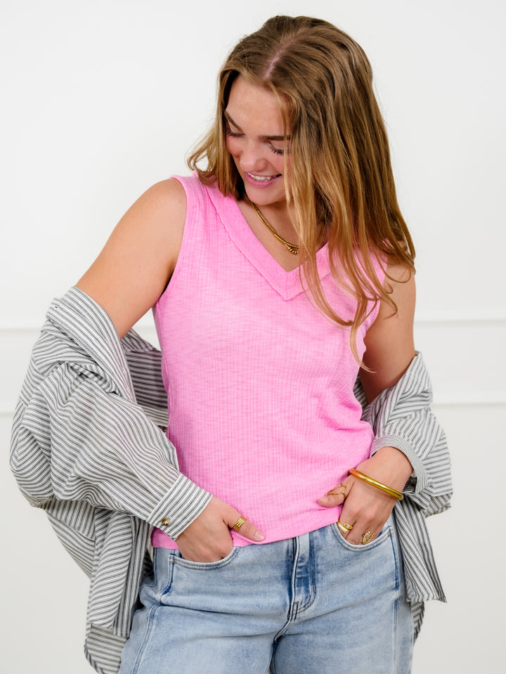 POL Ribbed Knit V Neck Tank Top with Lace Trim