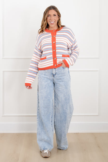 Striped Long Sleeve Button Up Cardigan Sweater