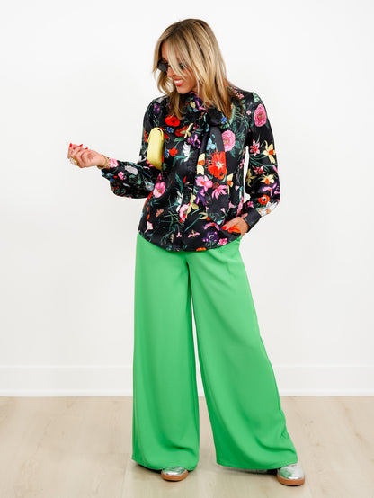 Black Floral Print Long Sleeve Blouse with Tie Neck