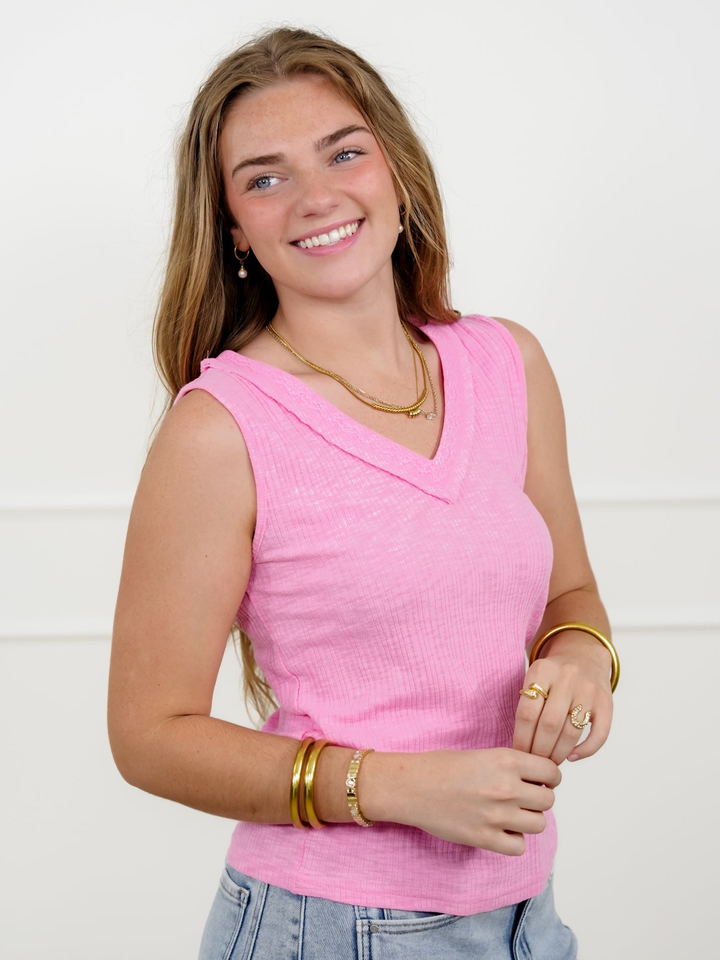 POL Ribbed Knit V Neck Tank Top with Lace Trim