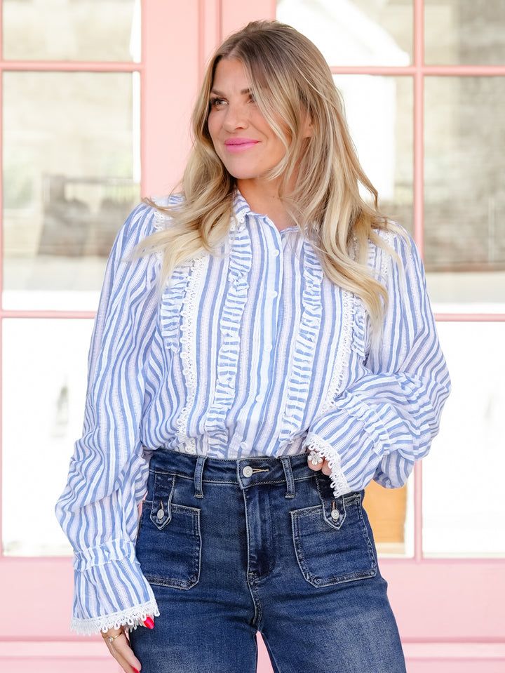 POL Stripe Long Sleeve Button Down Ruffle Top - Freckled Poppy