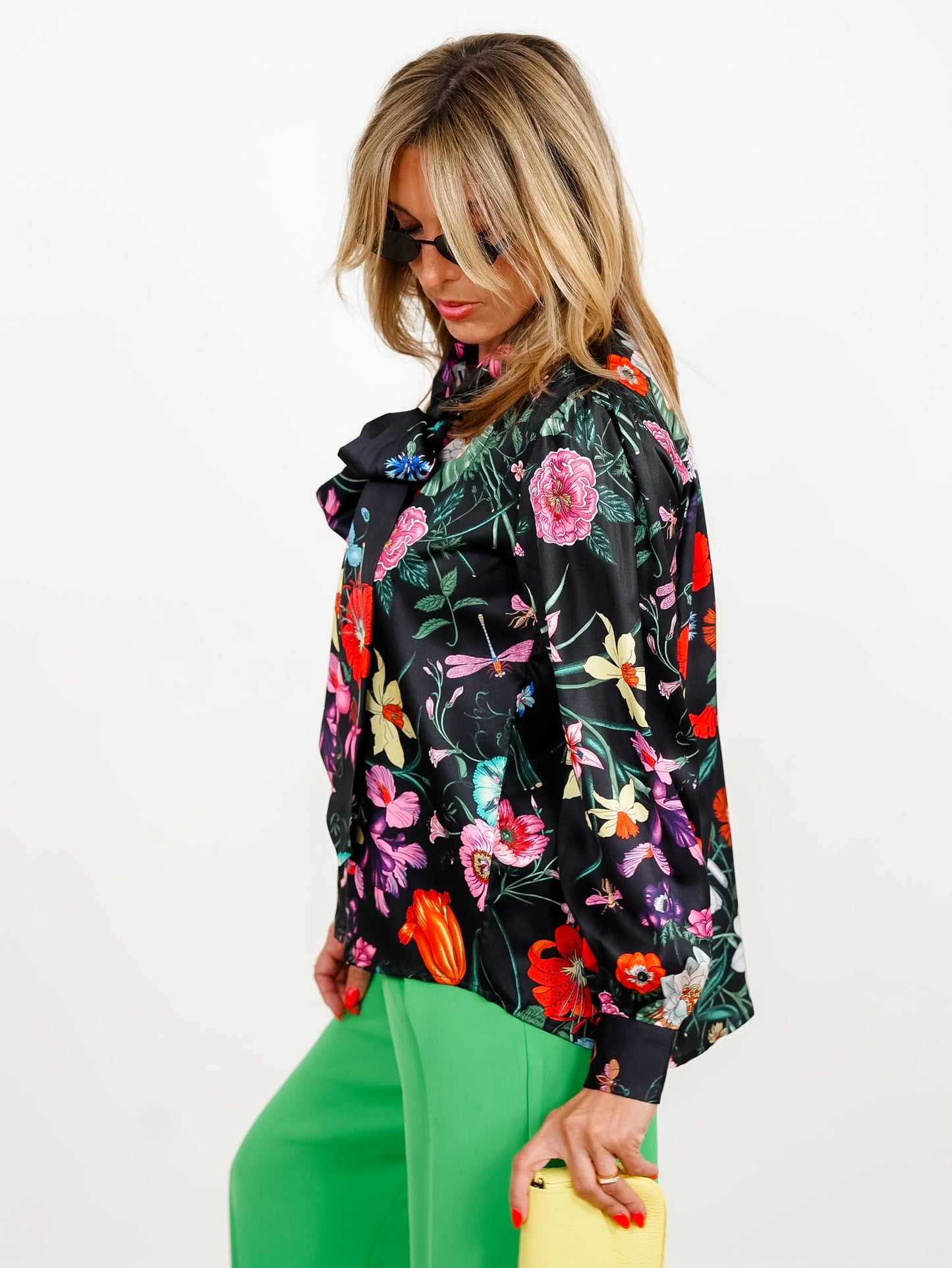Black Floral Print Long Sleeve Blouse with Tie Neck