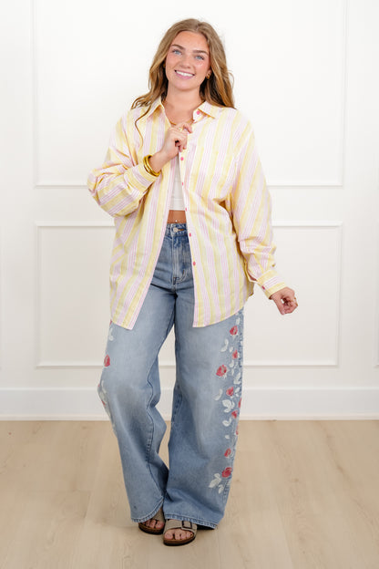 Stripe Long Sleeve Button Down Collared Top