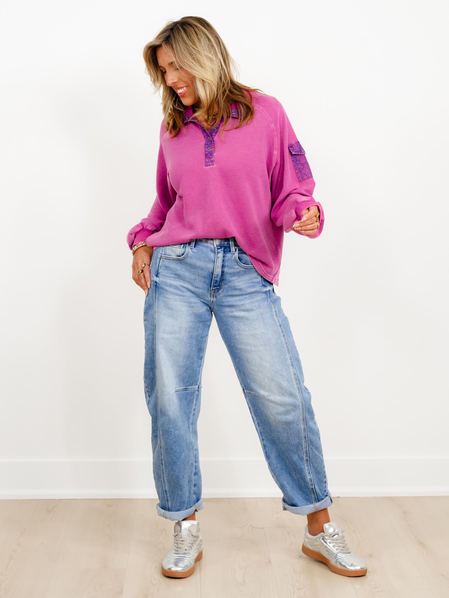 Restock! Mineral Washed Terry Pullover with Floral Contrast - Freckled Poppy