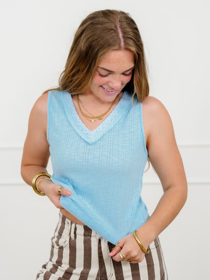 POL Ribbed Knit V Neck Tank Top with Lace Trim