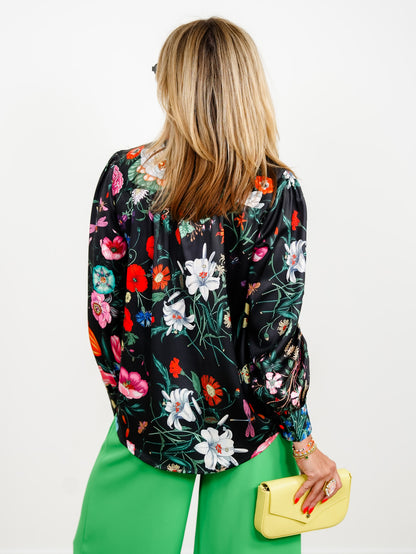 Black Floral Print Long Sleeve Blouse with Tie Neck