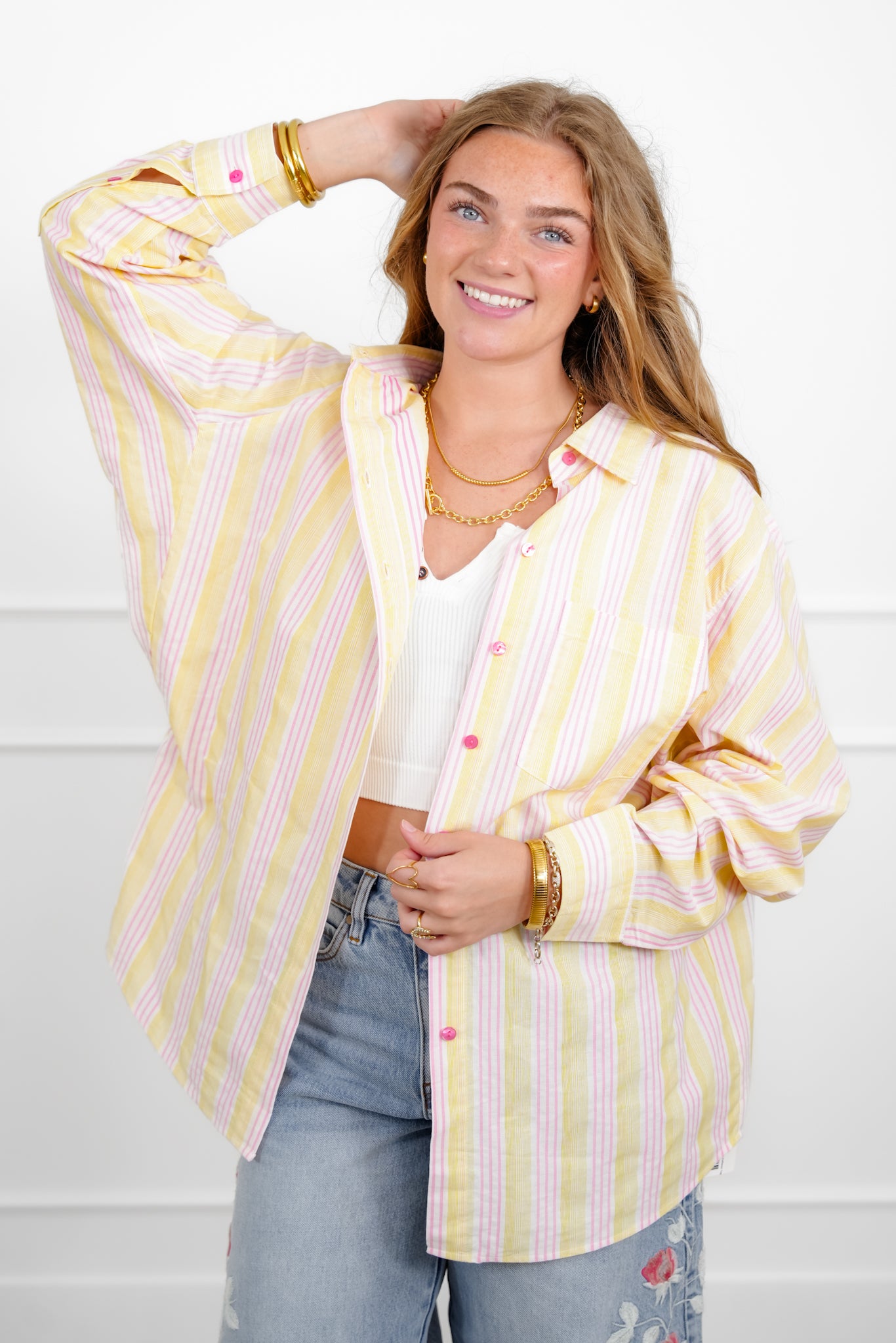 Stripe Long Sleeve Button Down Collared Top