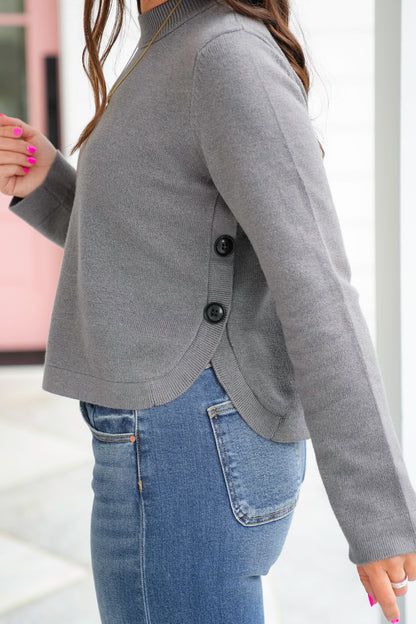 Charcoal Long Sleeve Crew Neck Sweater with Side Button Detail