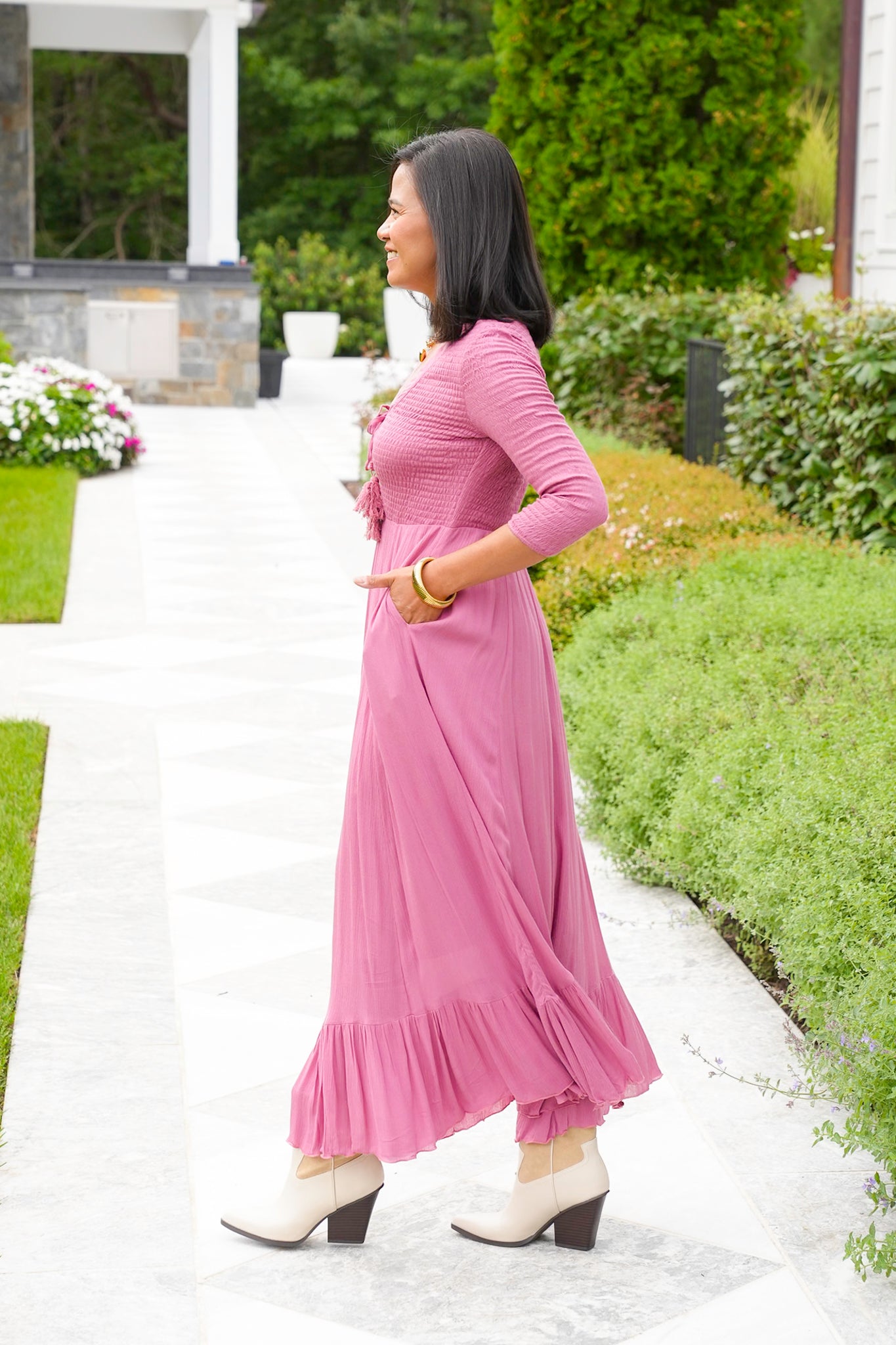 Textured 3/4 Sleeve Lace-Up Maxi Dress