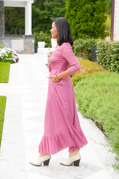 Textured 3/4 Sleeve Lace-Up Maxi Dress