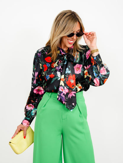 Black Floral Print Long Sleeve Blouse with Tie Neck