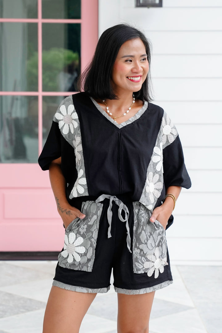 Plus/Reg Short Sleeve Top with Floral Patchwork Detail