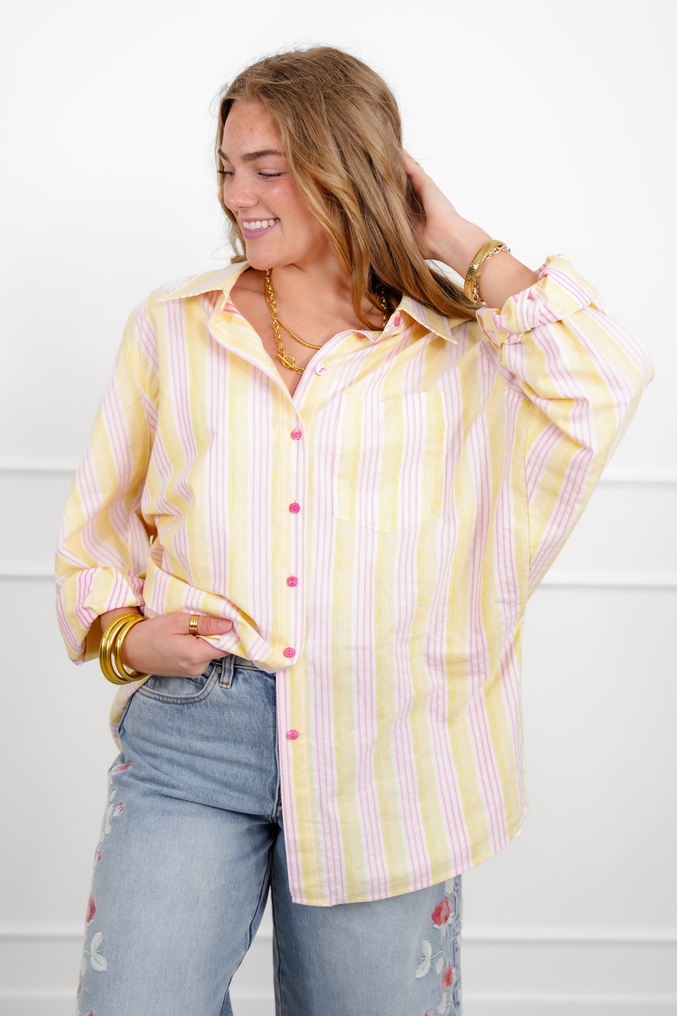 Stripe Long Sleeve Button Down Collared Top