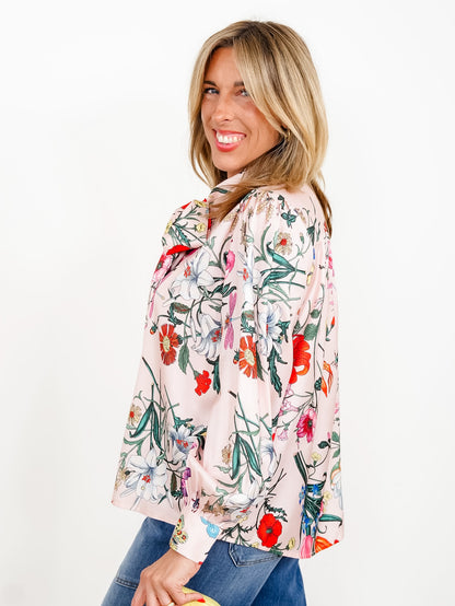Pink Floral Print Long Sleeve Tie At The Neck Top
