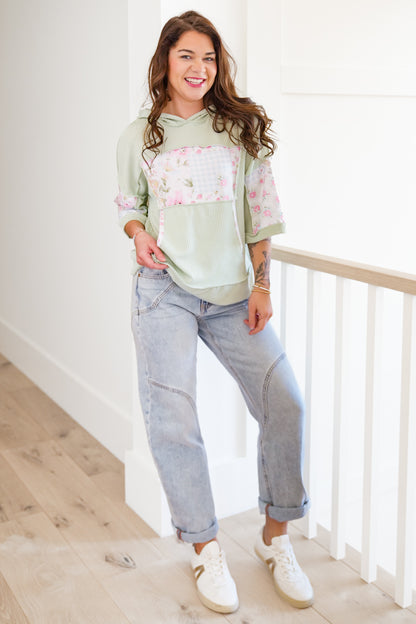 Plus/Reg Ribbed Patchwork Hooded Top with Kangaroo Pocket