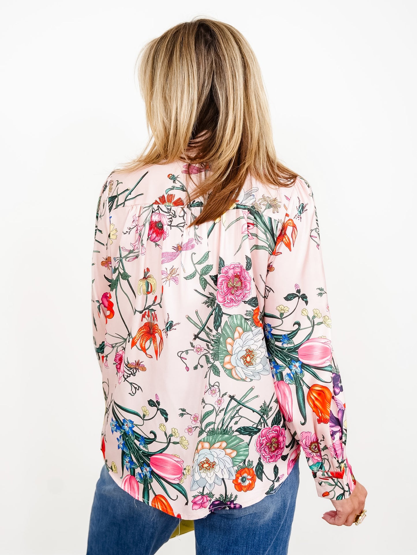 Pink Floral Print Long Sleeve Tie At The Neck Top