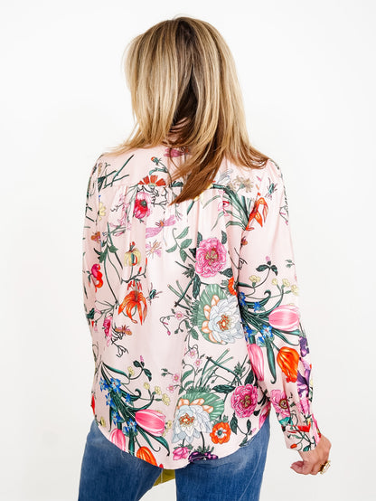 Pink Floral Print Long Sleeve Tie At The Neck Top