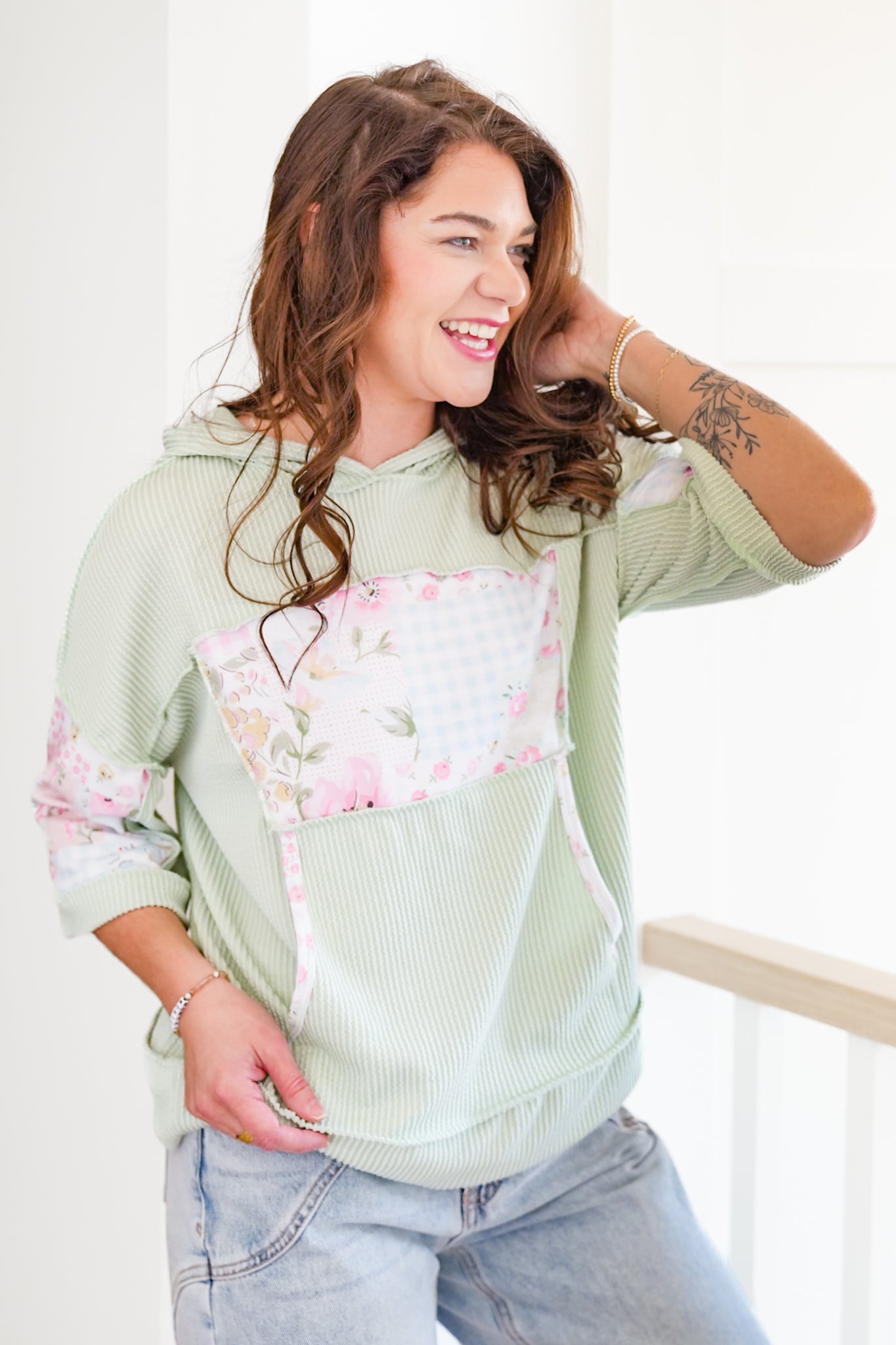 Plus/Reg Ribbed Patchwork Hooded Top with Kangaroo Pocket