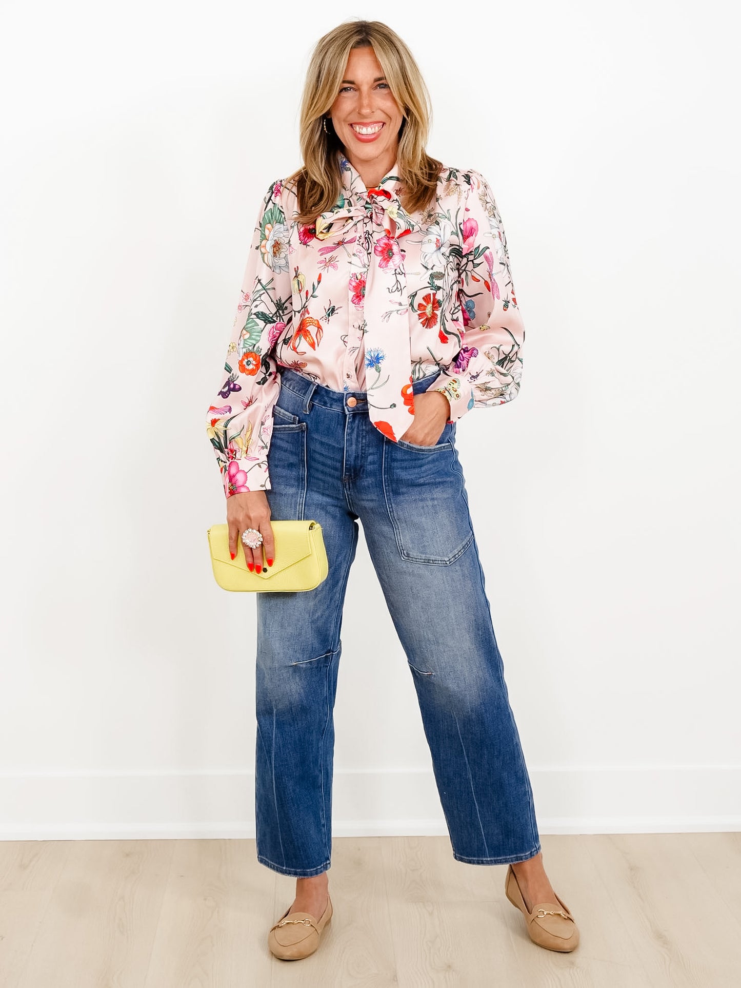 Pink Floral Print Long Sleeve Tie At The Neck Top