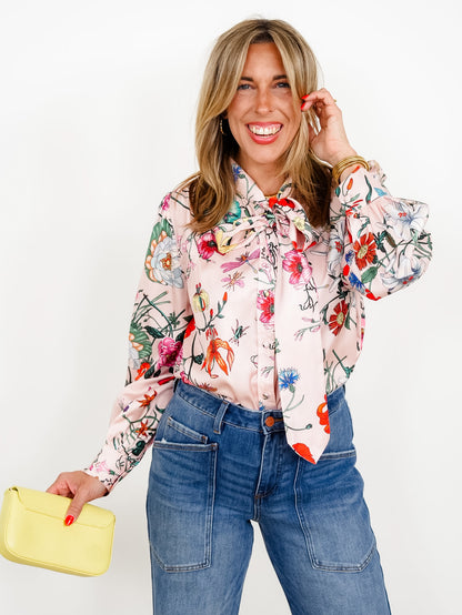 Pink Floral Print Long Sleeve Tie At The Neck Top