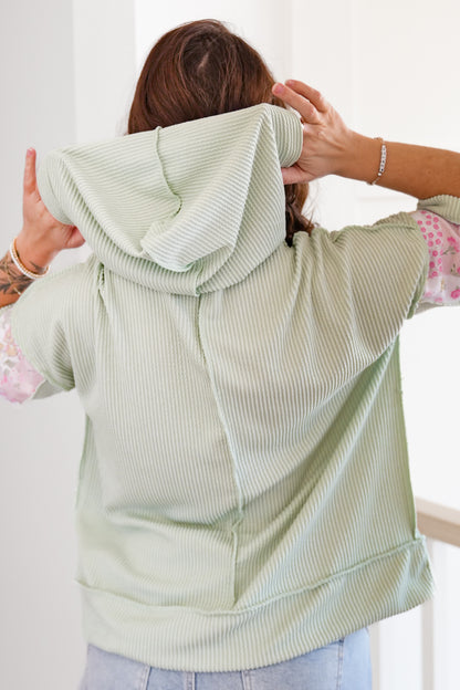 Plus/Reg Ribbed Patchwork Hooded Top with Kangaroo Pocket