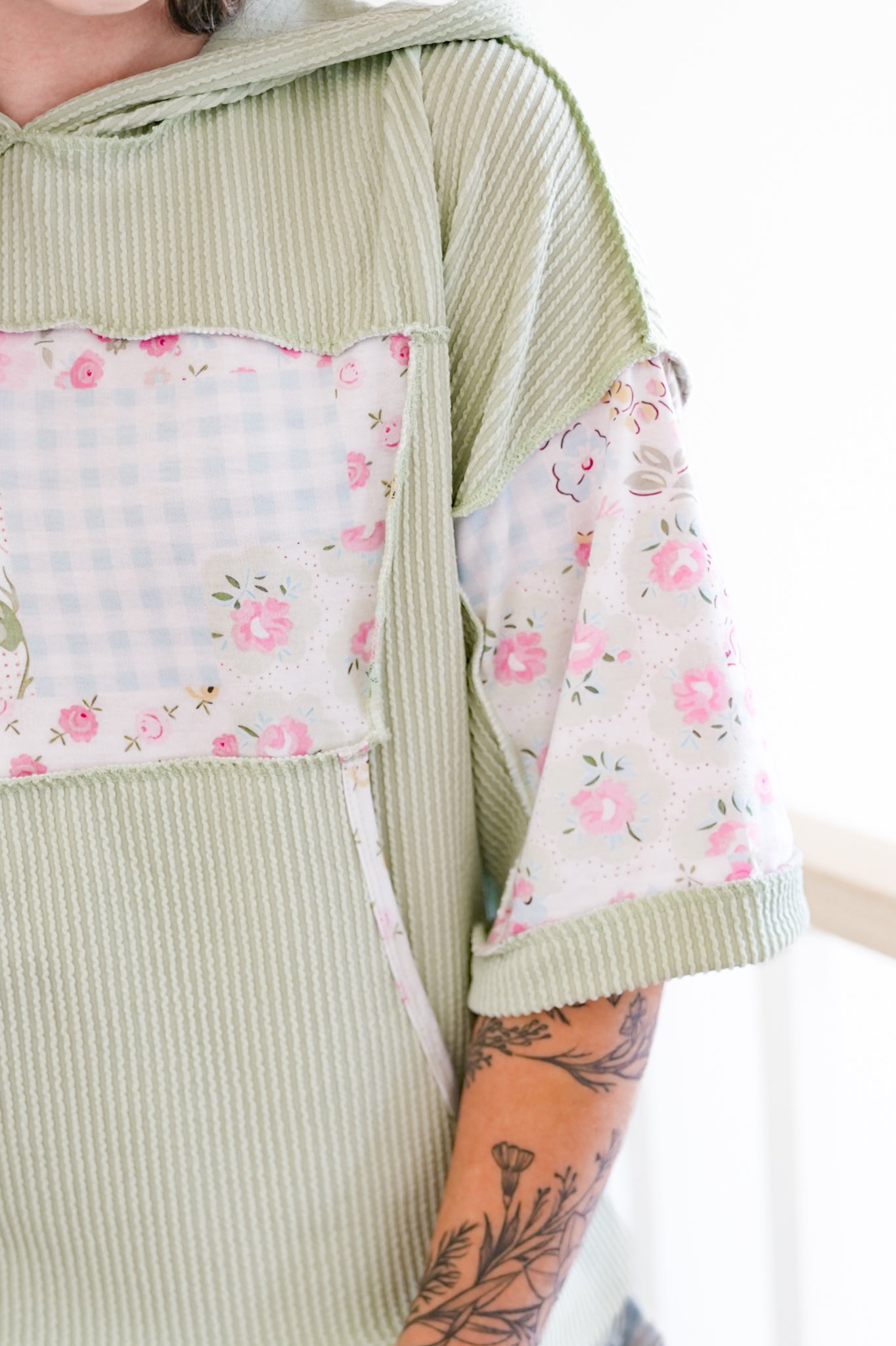 Plus/Reg Ribbed Patchwork Hooded Top with Kangaroo Pocket