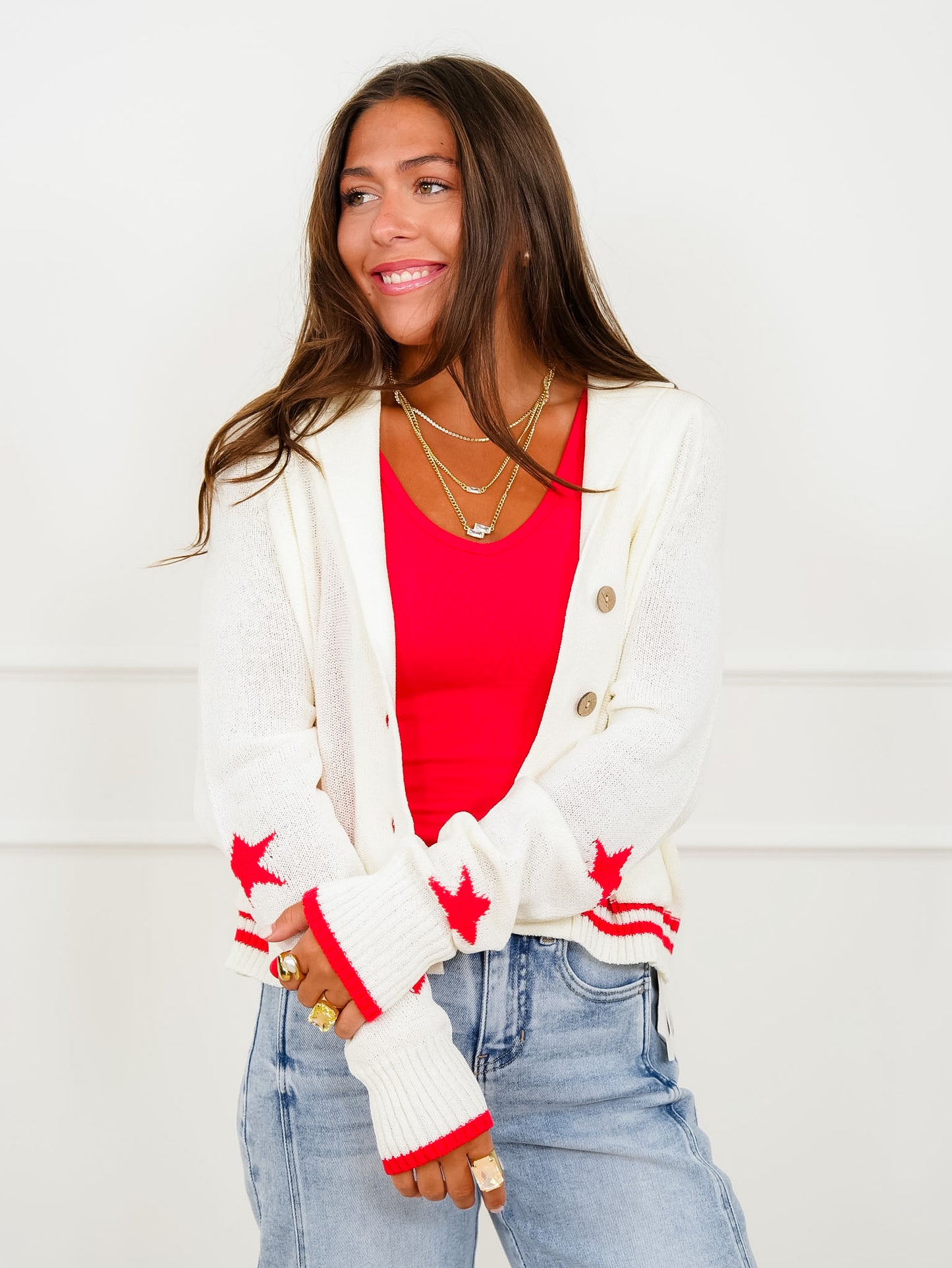 Long Sleeve Button Down Cardigan with American Flag Back