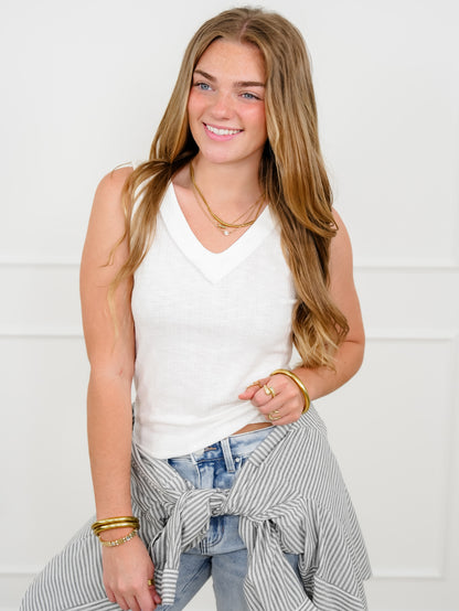 POL Ribbed Knit V Neck Tank Top with Lace Trim