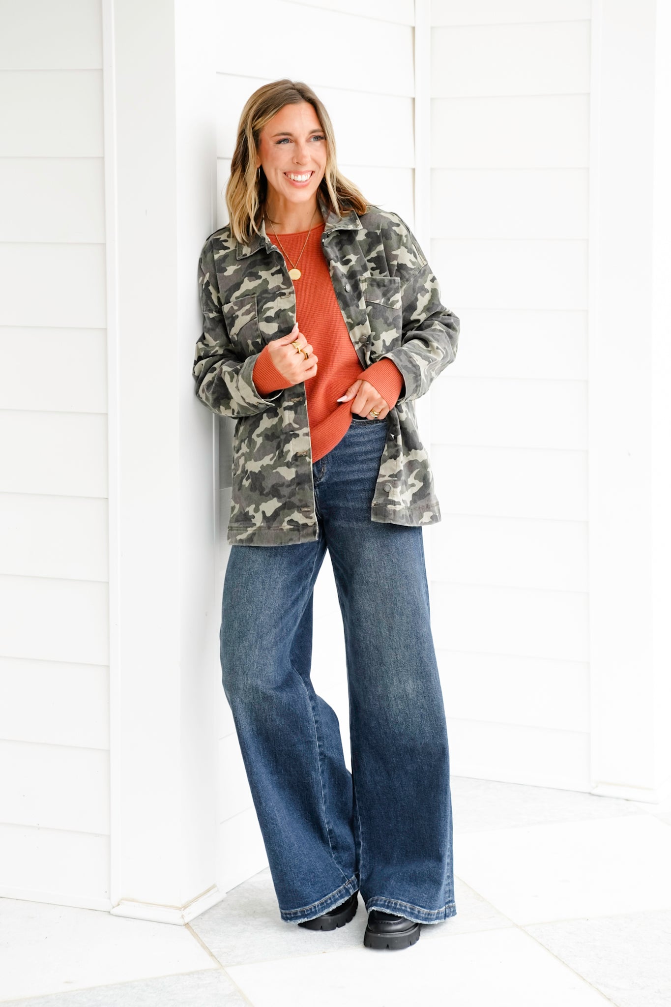 Veveret Camo Long Sleeve Button Down Boyfriend Jacket