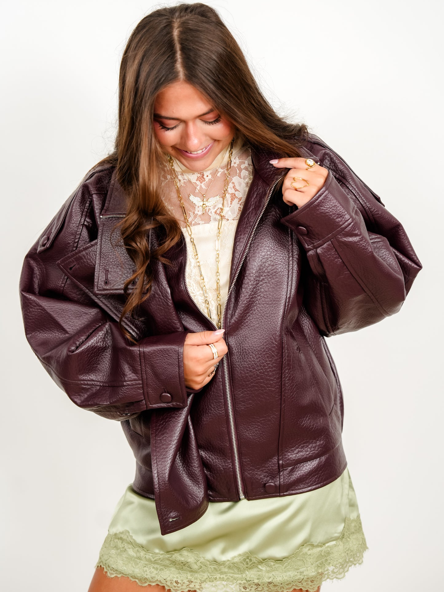 Long Sleeve Vegan Leather Mock Neck Bomber Jacket
